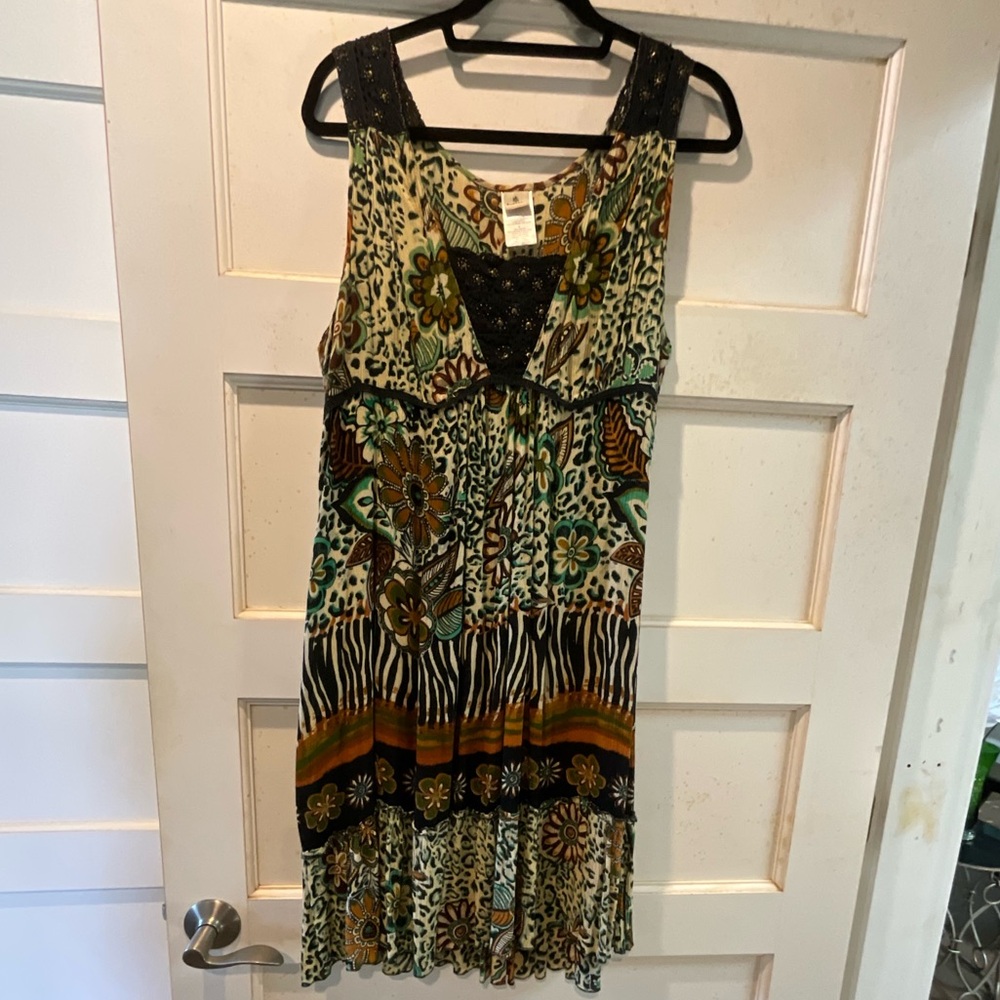 Forbidden floral/animal print, beaded, boho sundress. Very lightweight. Size L